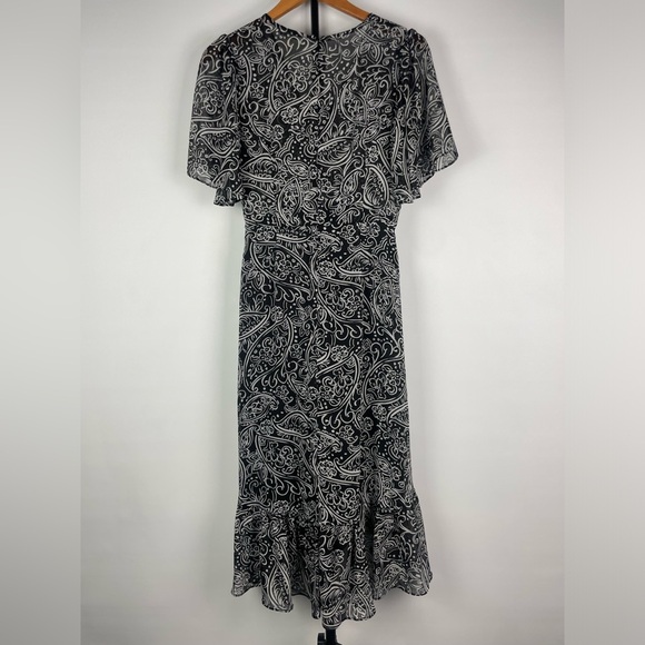Calvin Klein Black White Chiffon Paisley Floral Hi Low Ruffle Faux Wrap Dress - Picture 9 of 11